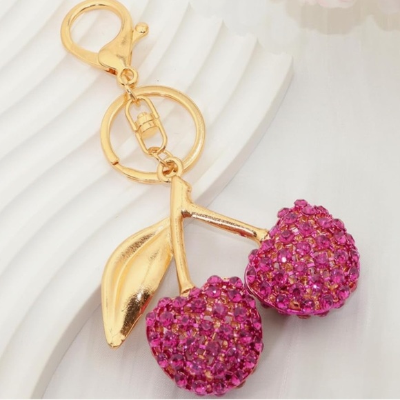 Pink rhinestone cherry and gold bag charm for your coach purse accessories - Picture 1 of 2